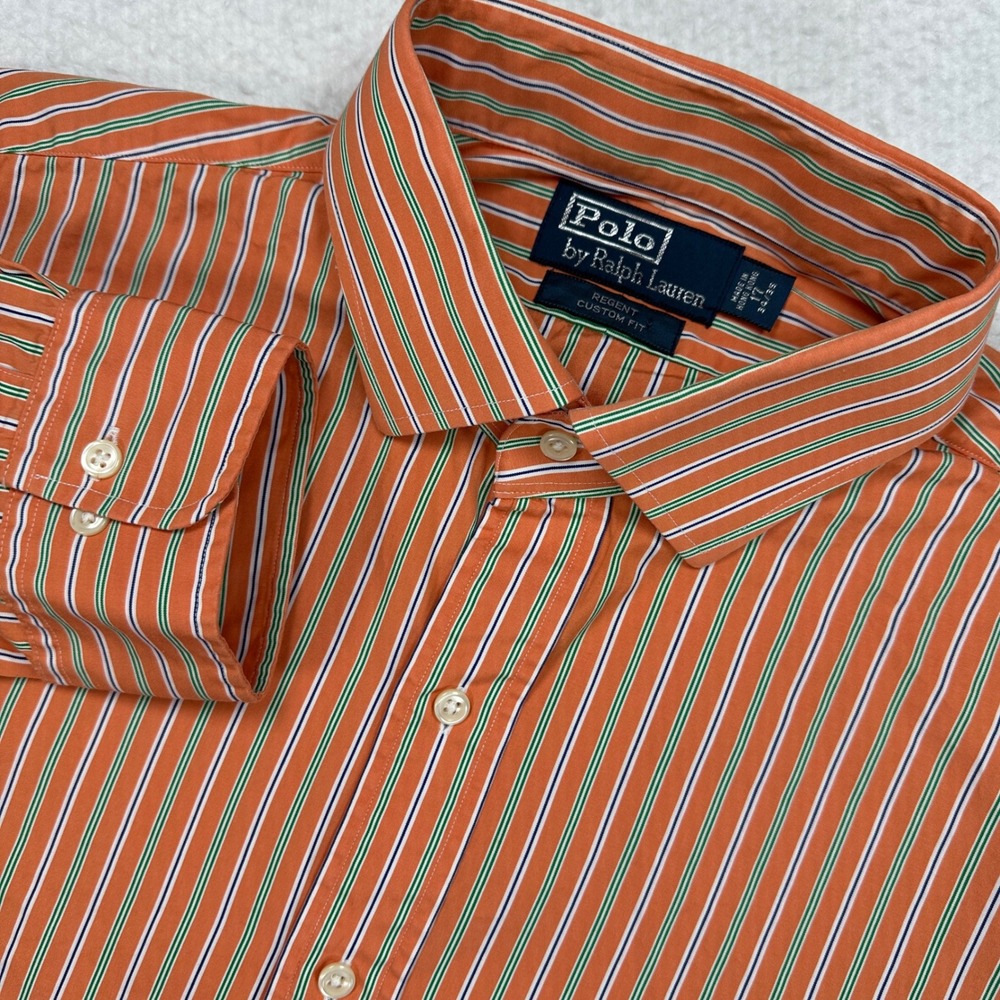 Polo Ralph Lauren Button Down Mens 17 34/35 Orange Striped Regent Custom Fit